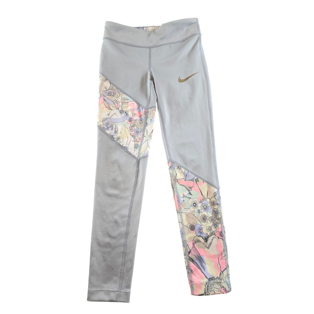 Nike Dri-FIT Tight Fit Grey Floral Patchwork Leggings DC7090-077 Womens XS